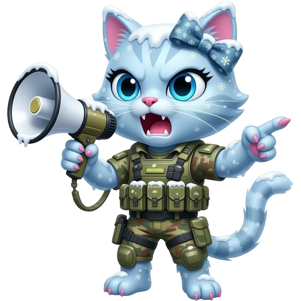 a sleek pretty cat made from ice snow & snowflakes and covered from frost. the cat is wearing a bow on head, frost-covered modern warfare gear & using a megaphone to yell. the cat has long eyelashes & pink claws & furious snarling outraged expression and pointing emoji
