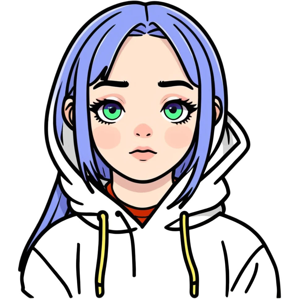 8k, 5000x5000px resolution, clean, smooth, thin lines, ultra detailed, hyperrealism, celebrity, singer Billie Eilish 2024. Glossy appearance, clean thin lines, vivid, clean appearance. Bright vivid bold eyes emoji