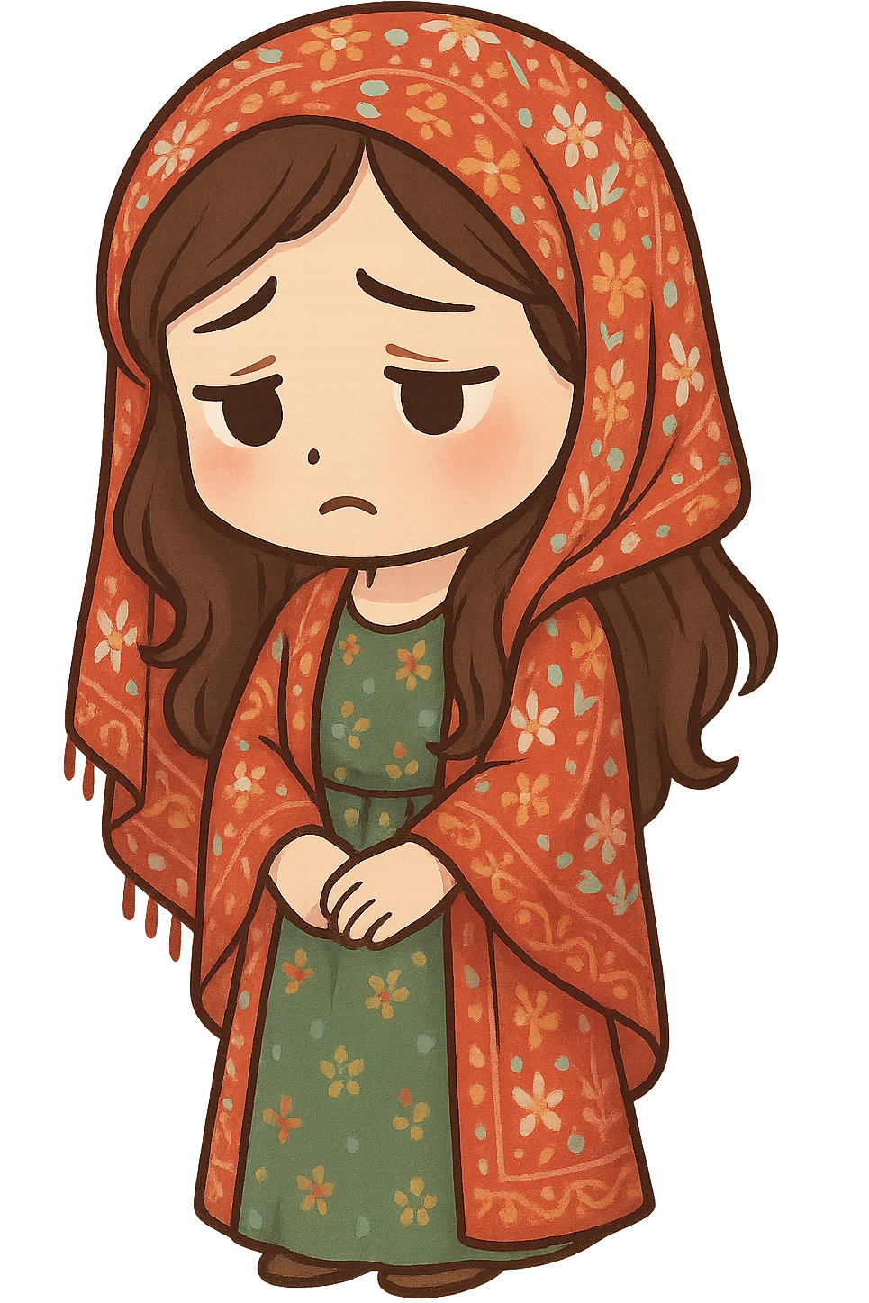 Kurdish woman in traditional dress jamadani, sad mood, cartoon style, sitting or standing with a sad face, no text emoji