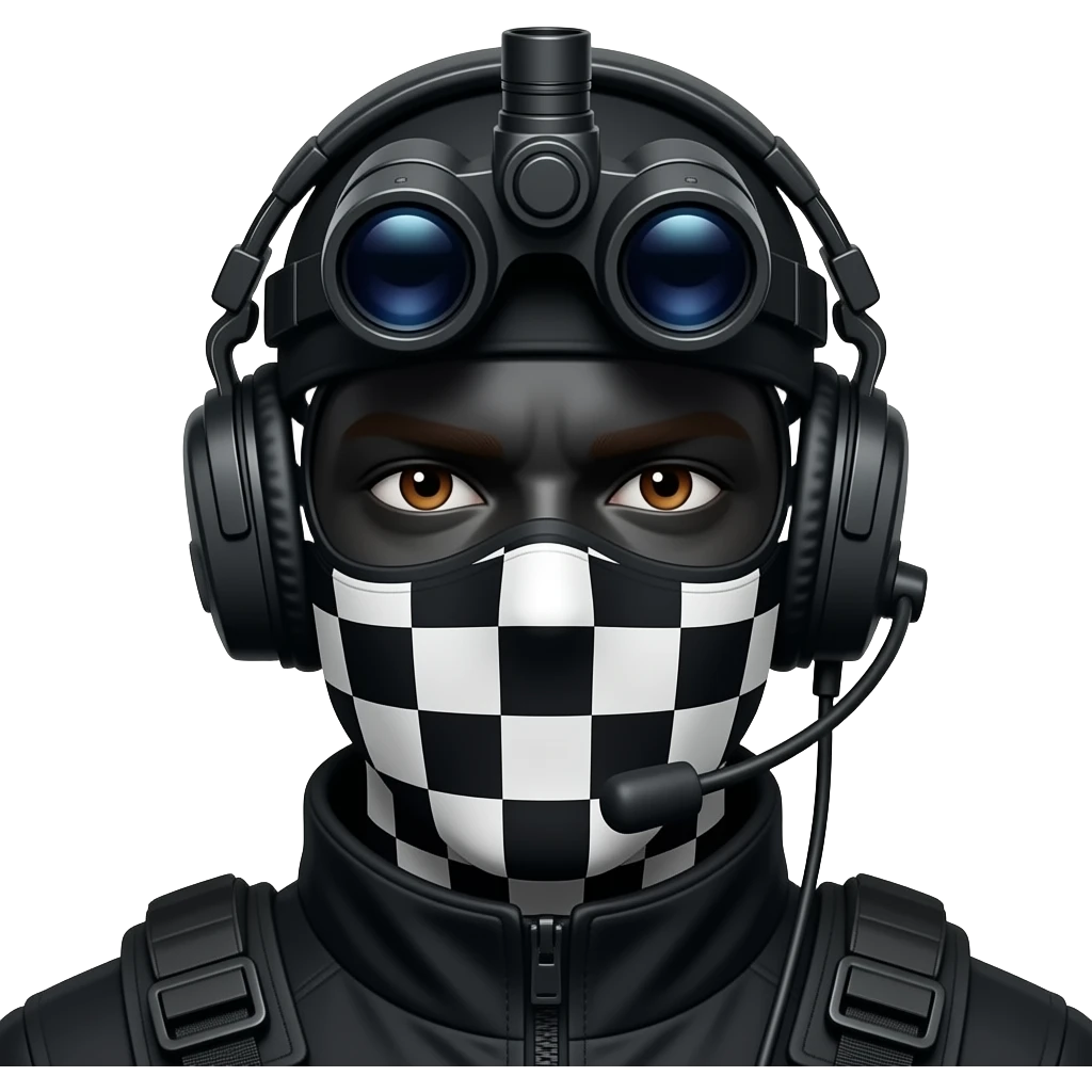 man with brown eyes wearing black clothes, face total painted black and a black and white patterned balaclava and wears a headset and a big black night vision device on his headtop emoji