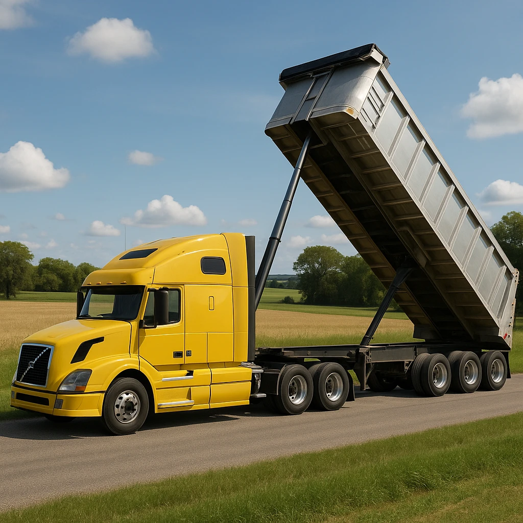 long silver end dump trailer hooked to a Volvo yellow semi sleeper truck, trailer in dump position, photorealistic daytime country scene with fields, trees, and a quiet road, truck facing left emoji