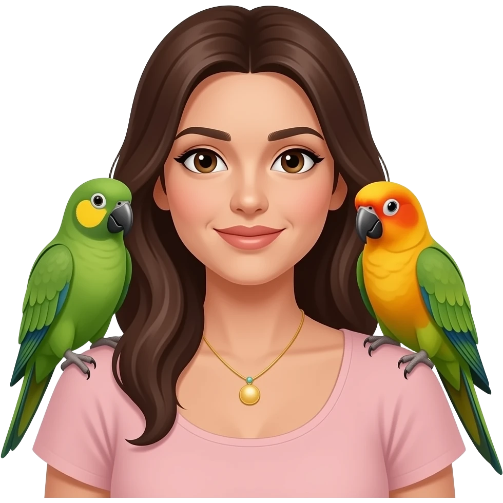 green indian ring neck parrot on a brown haired womans shoulder with a sun conure parrot with all green wings on her other shoulder emoji