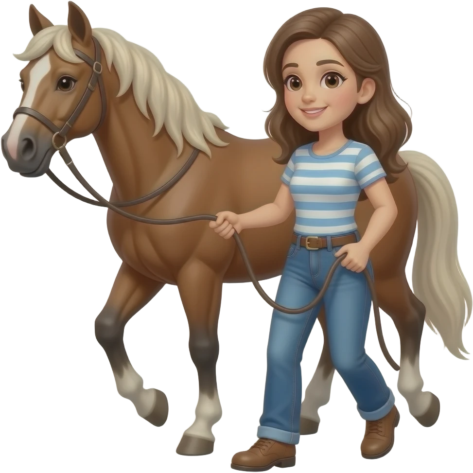 Lady in jeans leading horse in the rain in thunderstorm emoji