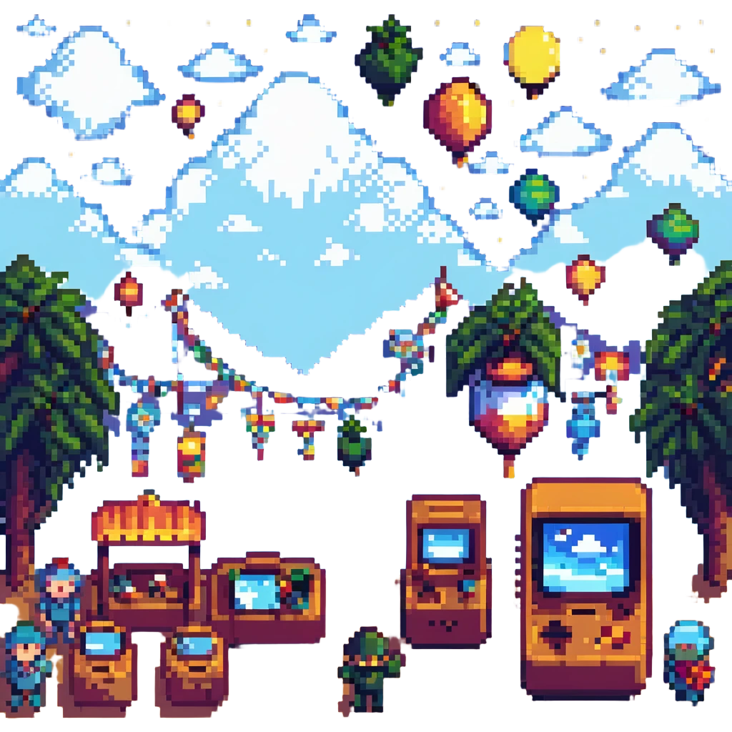 A pixelated festival scene with retro games, pixel art characters, and a digital sky emoji