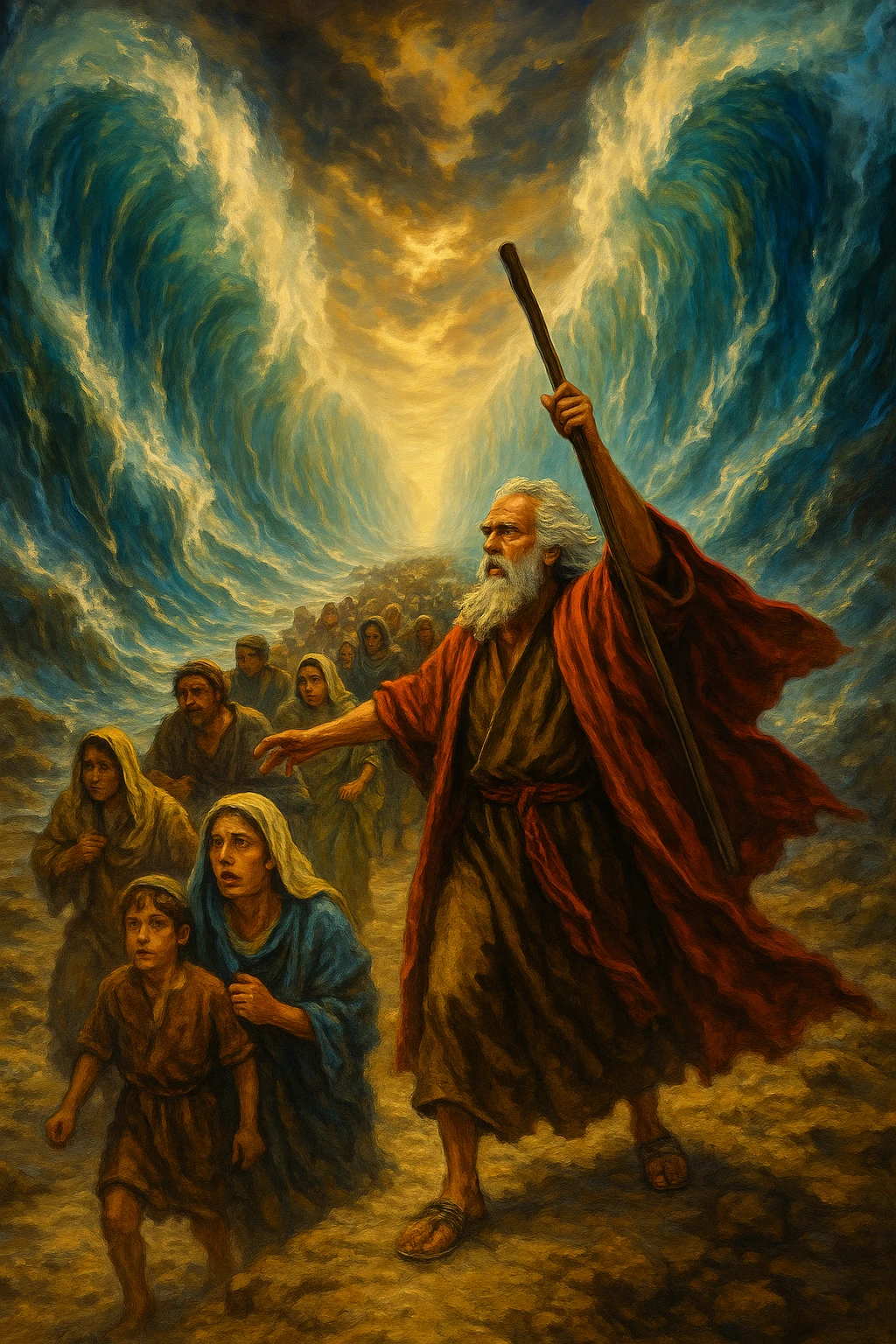 Moses parting the Red Sea, dramatic moment, water split, people crossing, biblical scene, vibrant colors emoji