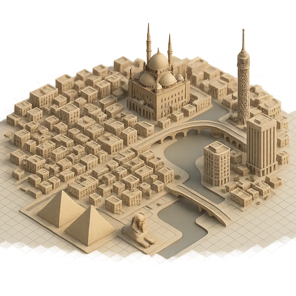 Isometric minimalistic illustration of Cairo, subtle 3D miniature effect and Tilt Shift effect, no cartoonish look, transparent background. emoji
