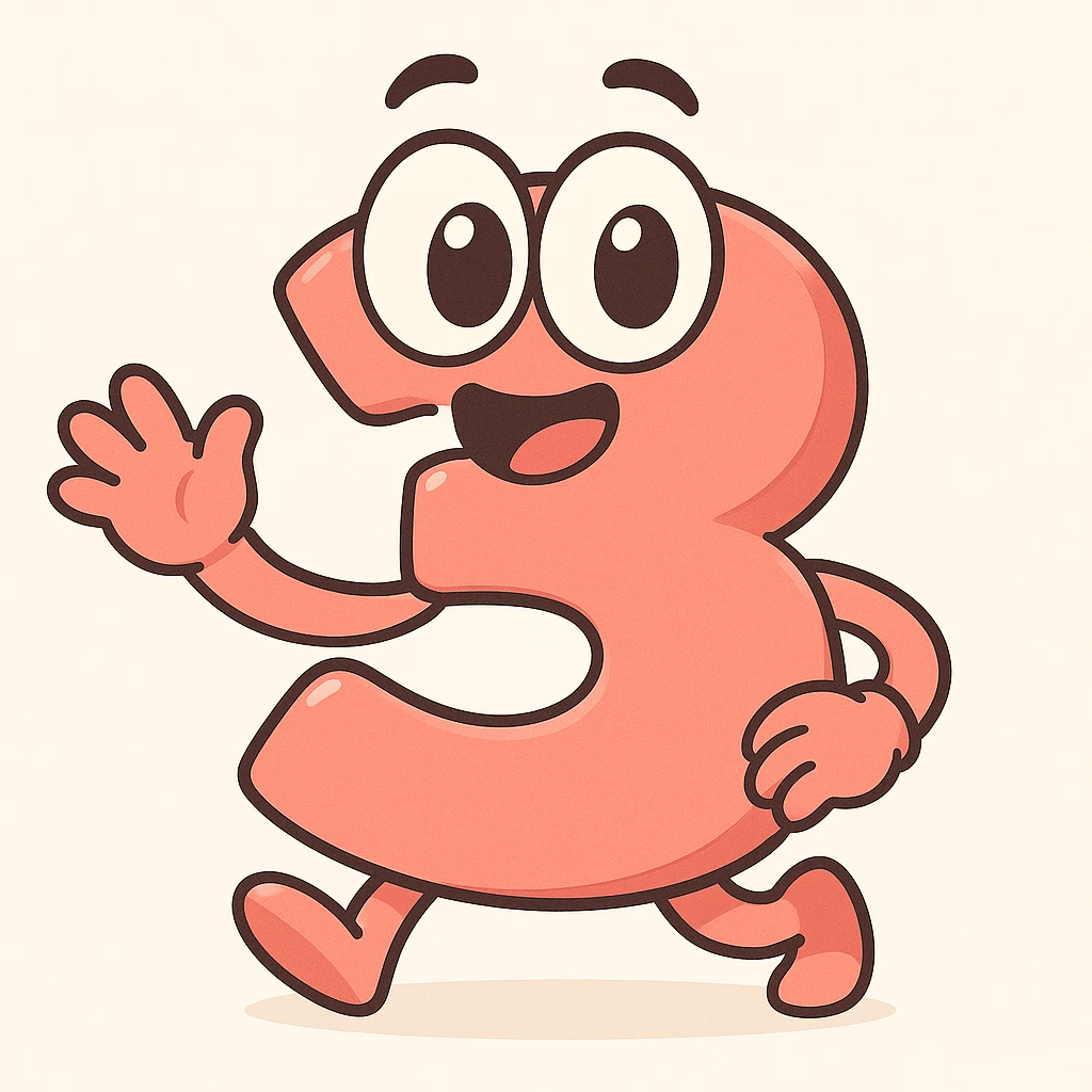 Add a cute, expressive cartoon face to the number 3, keeping the playful cartoon style consistent with chibi stickers style. emoji
