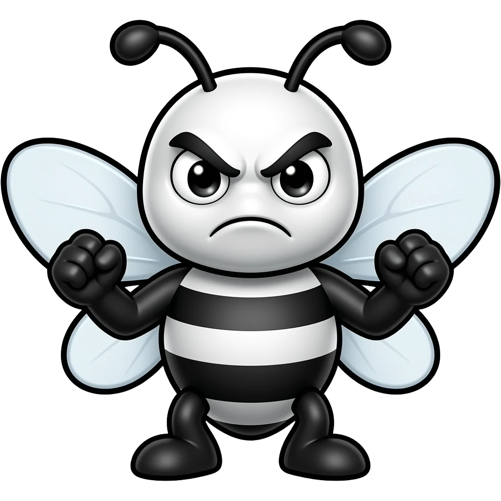 minimalist flat icon, angry bee emoji, black and white cartoon bee, thick bold outlines, white body with black stripes, big round eyes with angry eyebrows, clenched fists, transparent background, flat style, simple shapes emoji