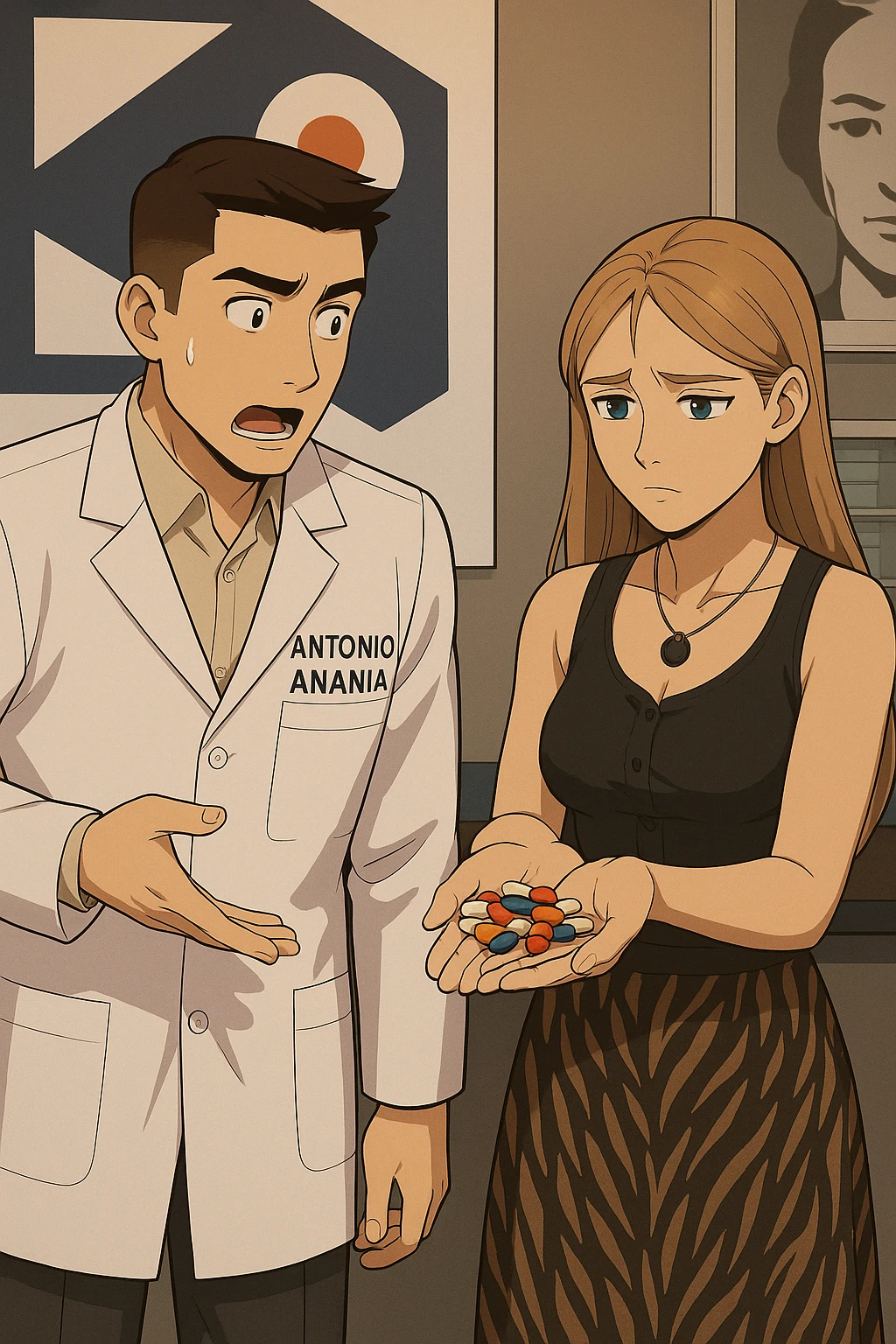 fai un webtoon/manga a colori con questo kinesiologo in camice bianco (fagli la scritta "ANTONIO ANANIA" SUL CAMICE) CHE PARLA CON QUESTA RAGAZZA CON GLI OCCHI AZZURRI. la ragazza gli fa una domanda e IL KINESIOLOGO CON IL CAMICE BIANCO LE risponde. NON FARE I FUMETTI, FAI SOLO LORO COME SE DIALOGASSERO emoji