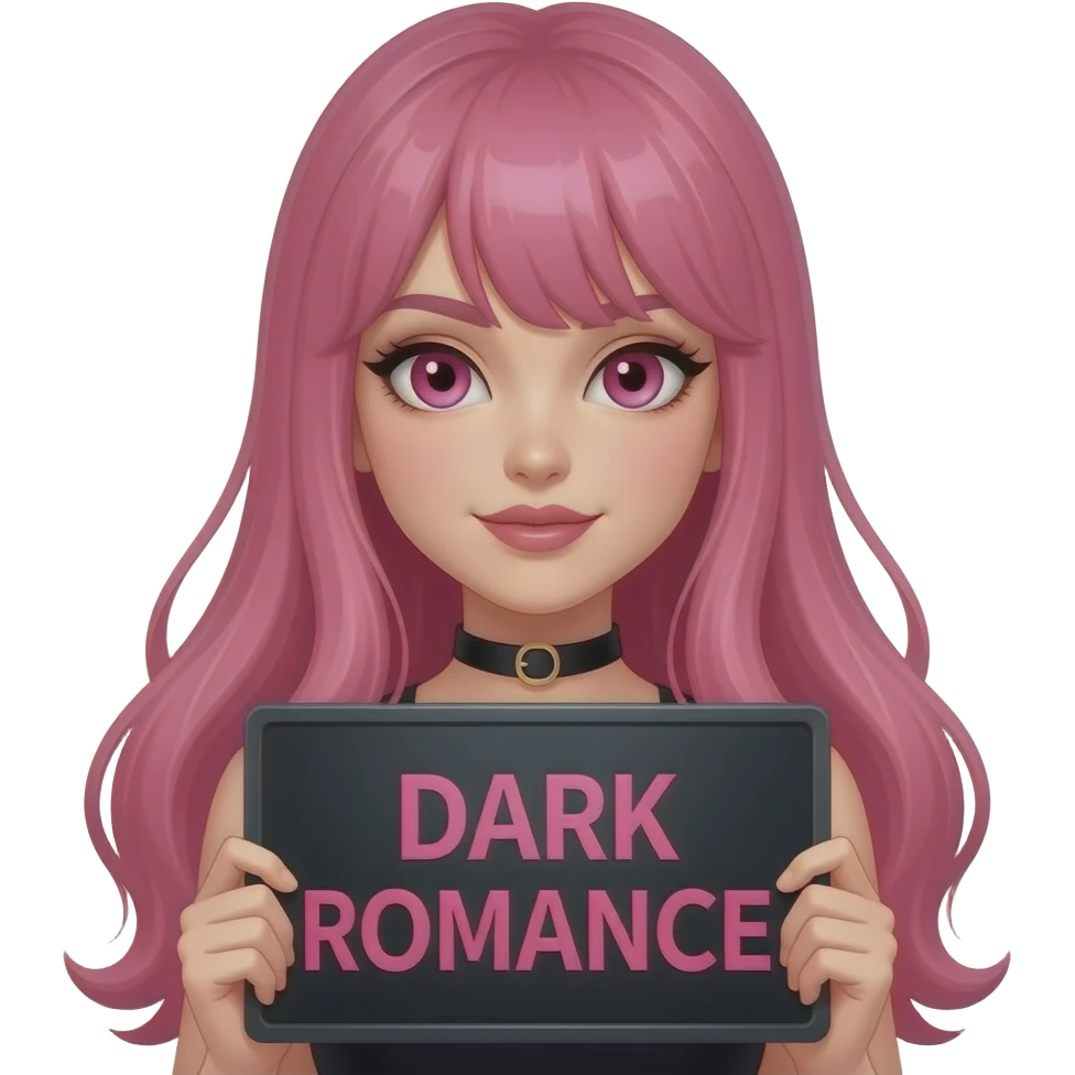 sexy girl with long pink hair and pink eyes holding a DARK ROMANCE sign emoji