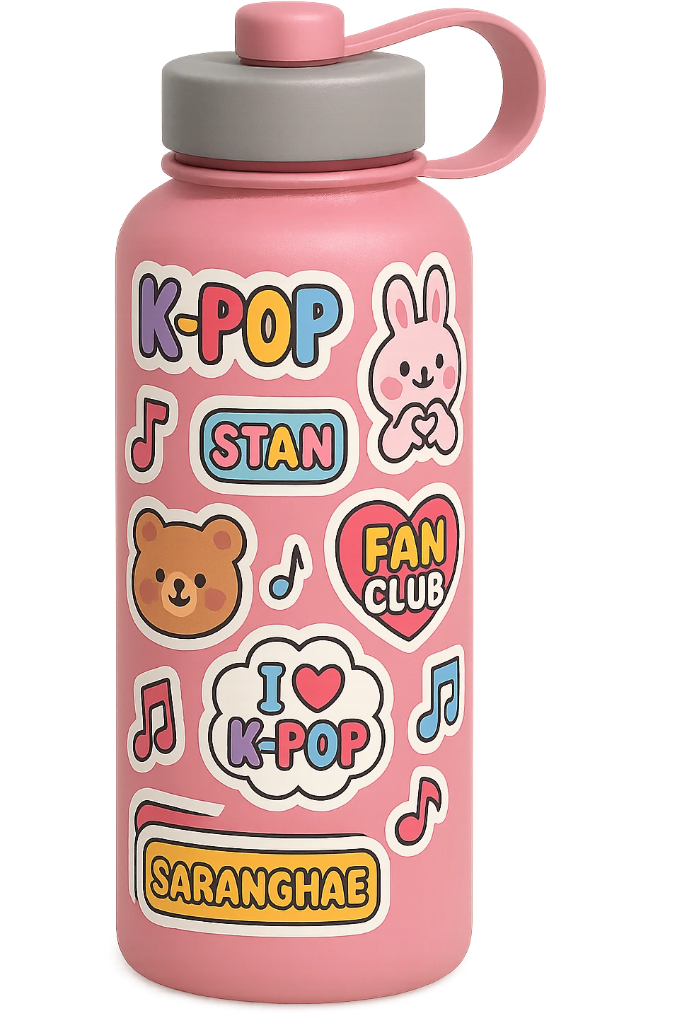 pink kpop fan club water bottle with fun and collectible stickers emoji
