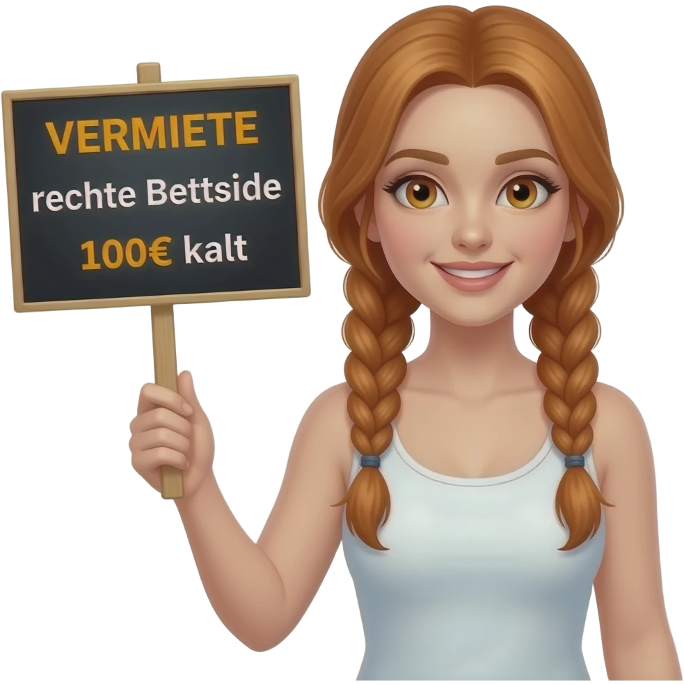 sexy girl with long ginger braids and ginger eyes wearing a white tanktop is holding a black sign with VERMIETE rechte Bettseite 100€ kalt written on it emoji