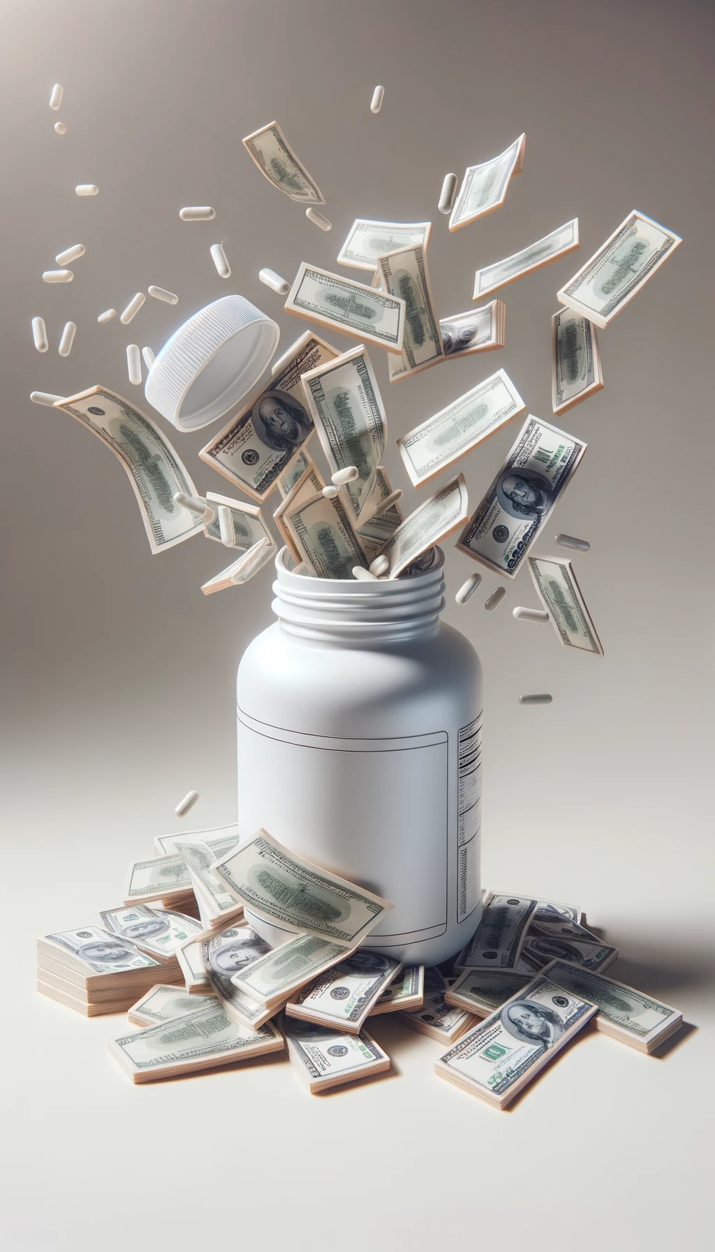boccetta di integratore fluttua in aria, dalla boccetta aperta escono delle banconote, sfondo neutro chiaro, iperrealistico 4k emoji