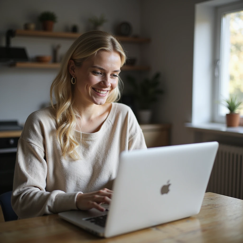 a beautiful blonde woman smiling and online shopping on her laptop, photorealistic style, modern home background emoji