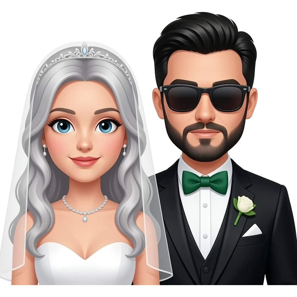 White skin bride and groom. Bride with grey hair and pale skin. Groom with a black suit, green bow tie, black hair and beard and wearing sunglasses emoji