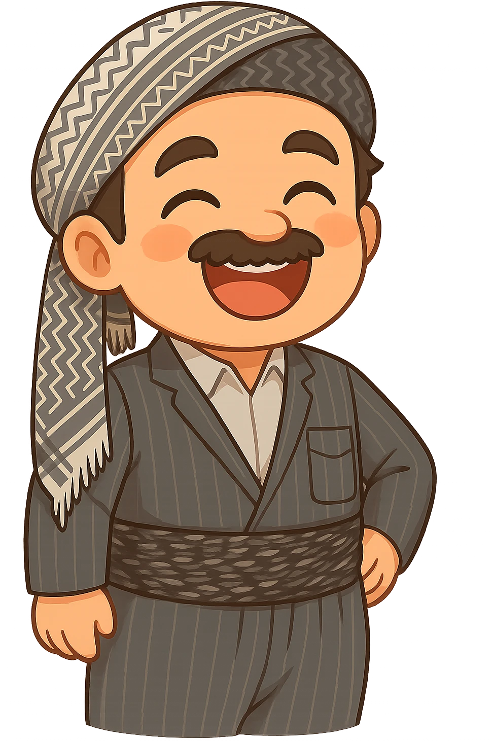 Cartoon sticker of a Kurdish man with the same clothes and scarf as the reference image, no changes to clothes or scarf, face with loud laughter and big smile, colorful and cheerful, no text, suitable for WhatsApp and Instagram, transparent background. emoji