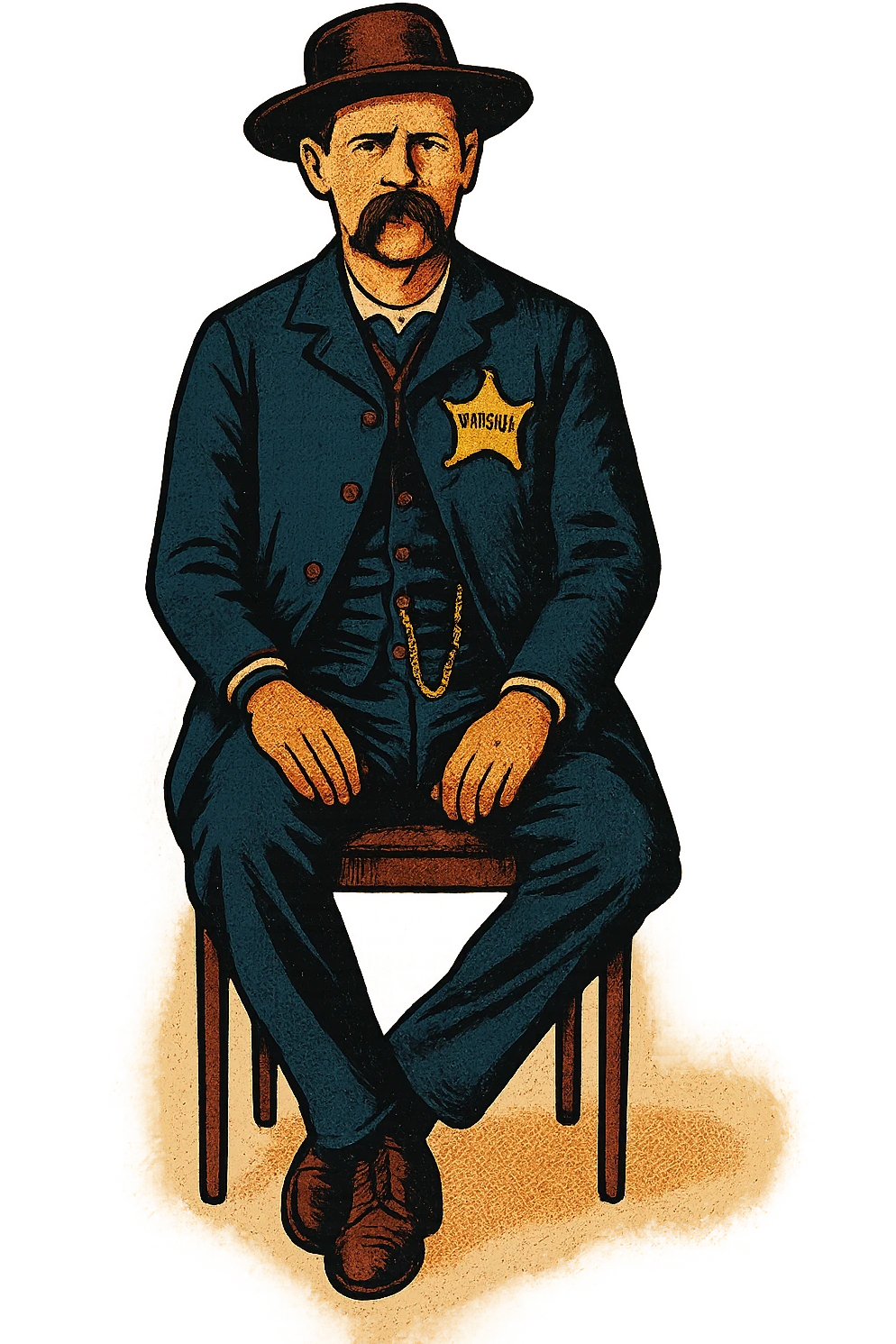 Make a colour copy of this image of Wyatt Earp with him wearing a small town marshal badge on his chest emoji