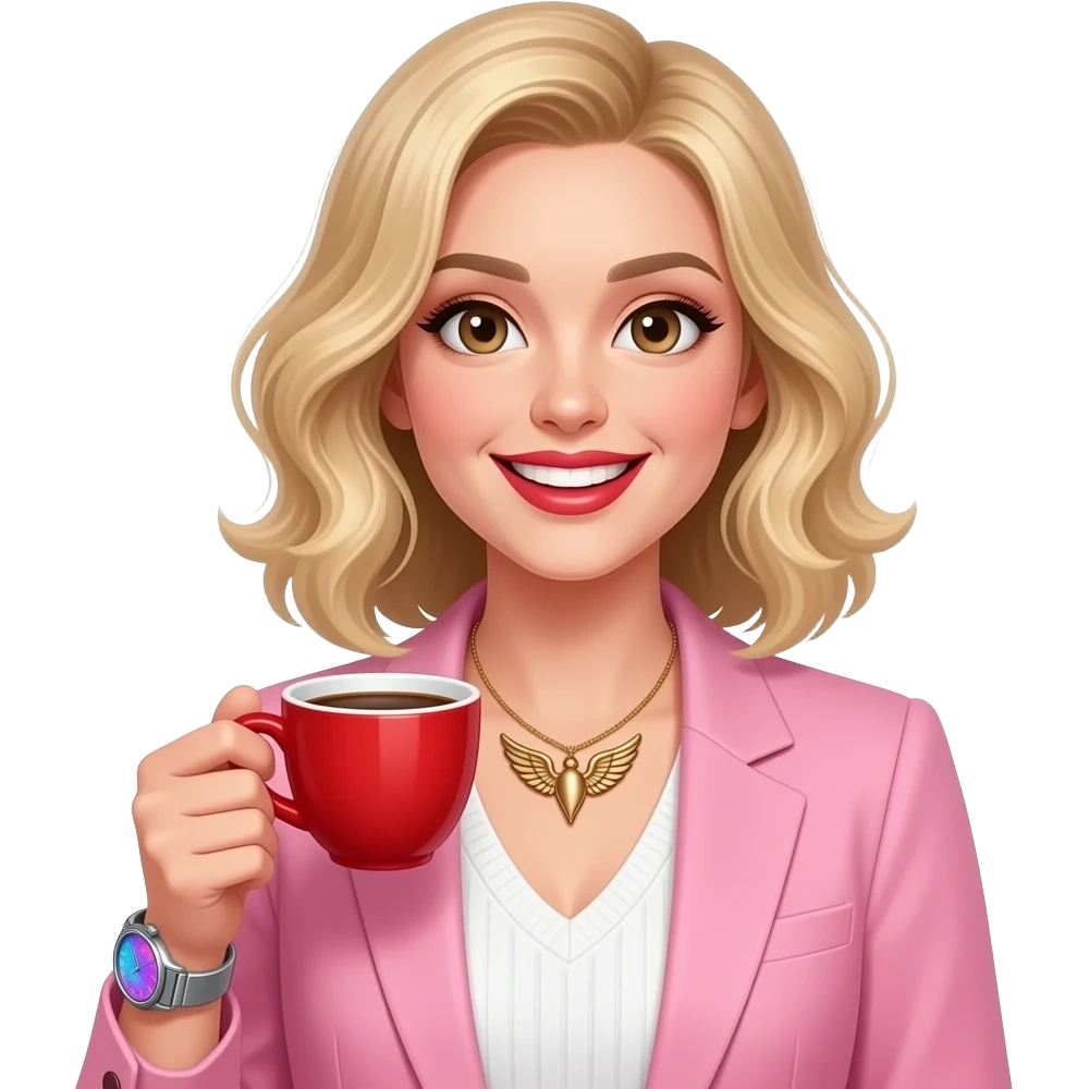 Slightly wavy blonde hair + Big light brown eyes with spark + happy teeth smile +  bronze color angel wing necklace + left armwatch with blue&pink hologram dial and silver band + red lipstick + pink blazer + white pullover with open neck + red coffee cup porcellain with narrow cup long + wunderbar emoji