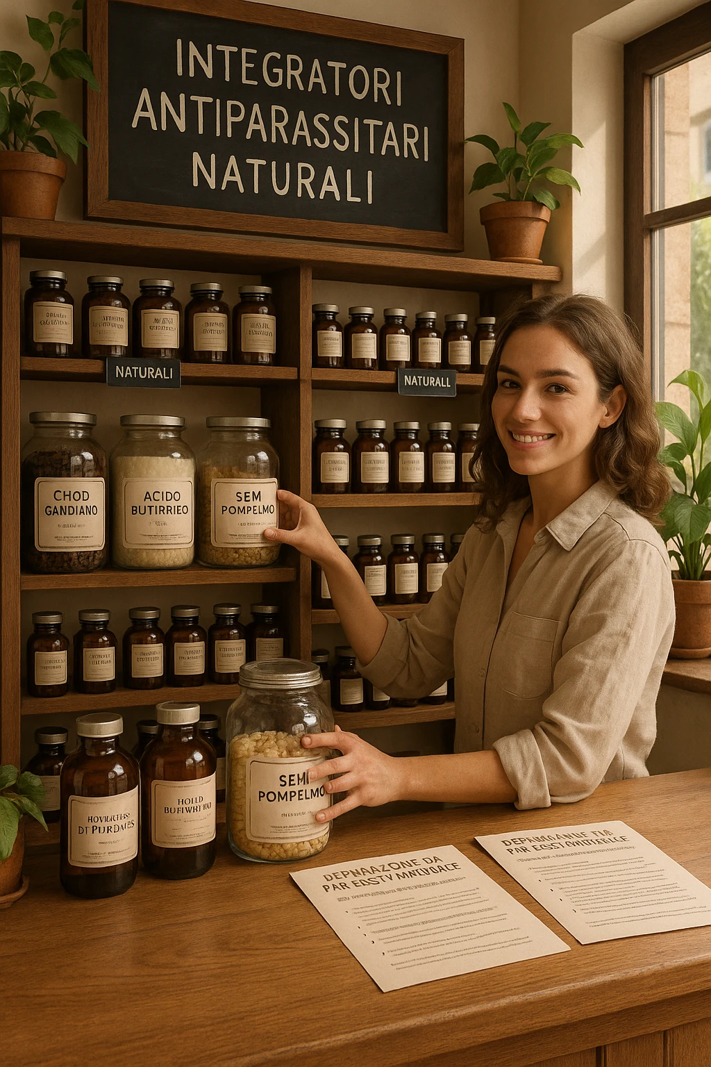 A realistic, well-lit herbal supplement store interior with wooden shelves neatly displaying glass jars and bottles labeled as ‘Chiodi di Garofano’, ‘Acido Butirrico’, and ‘Semi di Pompelmo’, organized in a clean and aesthetic manner. Small handwritten chalkboard signs indicate ‘Natural Antiparasitic Supplements’ above the section. The environment feels warm and trustworthy, with potted green plants adding freshness and a subtle sunlight entering through a window. A young shop assistant with a welcoming smile arranges the products, while informational leaflets about natural parasite cleansing are visible on a wooden counter, creating a holistic and health-conscious atmosphere in Italiano emoji