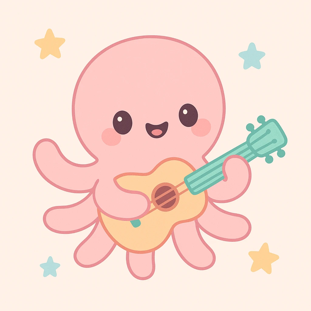 happy octopus with multiple arms playing guitar emoji