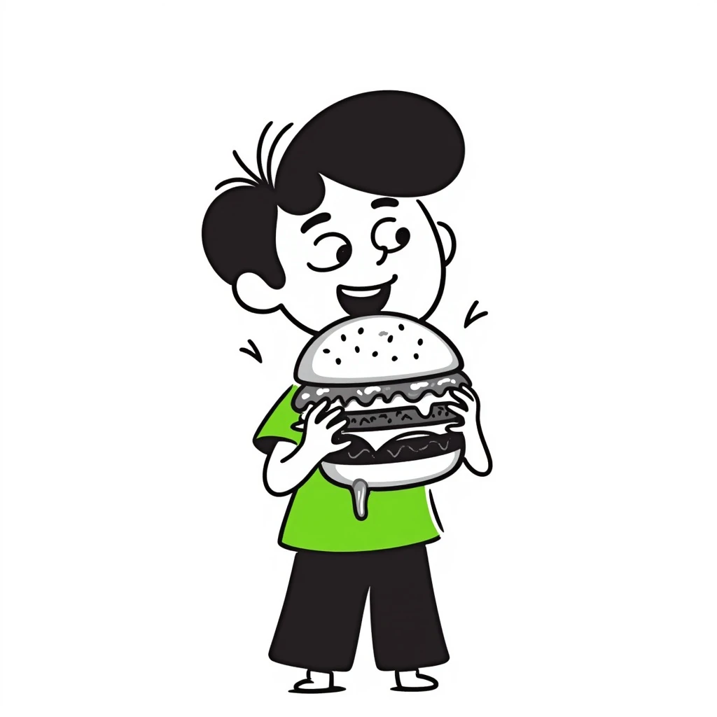 kid eating a burger, wearing a green t-shirt, hand drawn doodle style emoji
