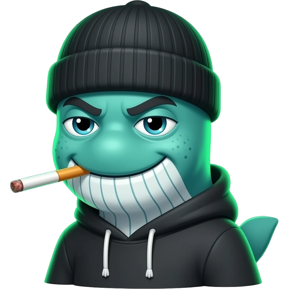 Cute Bullwhale character emoji, green whale face with freckles, mischievous confident smile, cigarette with green smoke, black beanie and hoodie, simple cartoon style, bold outlines, expressive eyes, crypto meme vibe, dark background with neon green glow, highly expressive emoji style. emoji