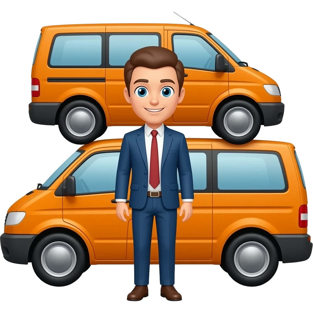 Orange skåpbil kör på en man med brunt hår som står framför bilen emoji