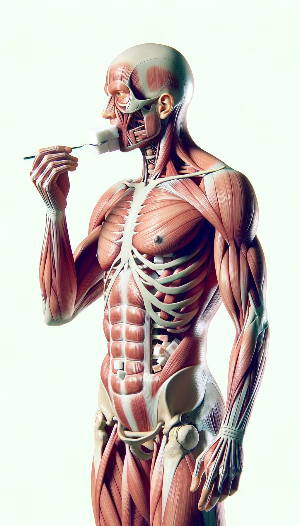 corpo umano anatomico in piedi a figura intera che mangia zollette di zucchero, posa frontale, iperrealistico 4k, isolato su sfondo bianco emoji