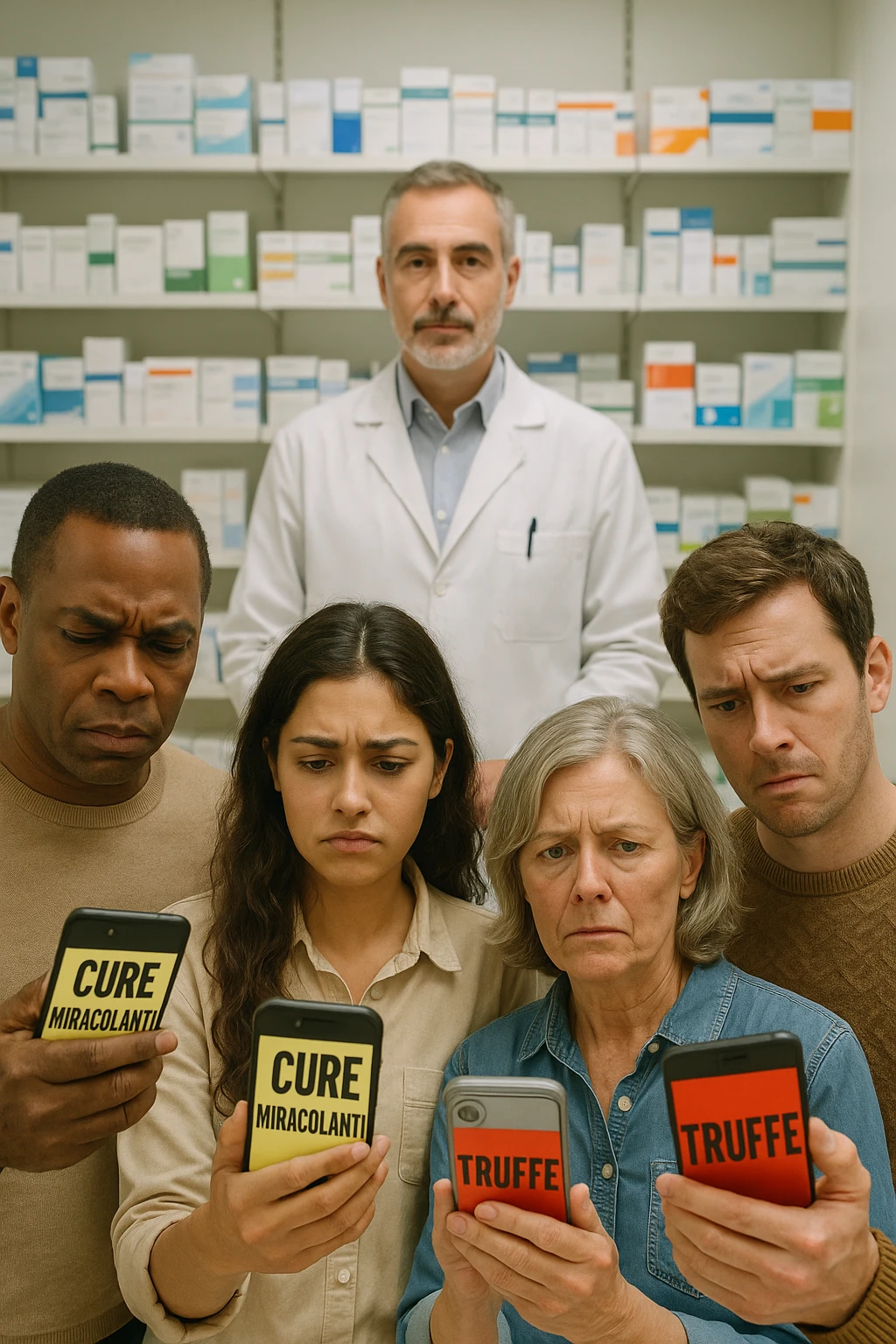Realistic, vertical scene: a group of people in a pharmacy, some looking confused or skeptical as they read sensationalist headlines on their phones about “Cure Miracolanti” or “Truffe” A pharmacist stands behind the counter, ready to offer evidence-based advice. The atmosphere is educational, highlighting the importance of consulting professionals. emoji