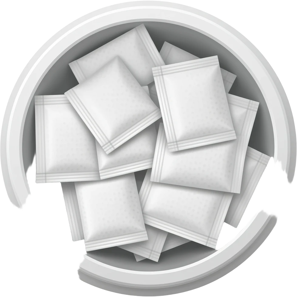 An open white snus container (small round plastic snus box, not a metal can) Inside are many small white nicotine pouches. The pouches are rectangular, soft, and slightly wrinkled, overlapping each other and stacked irregularly. emoji