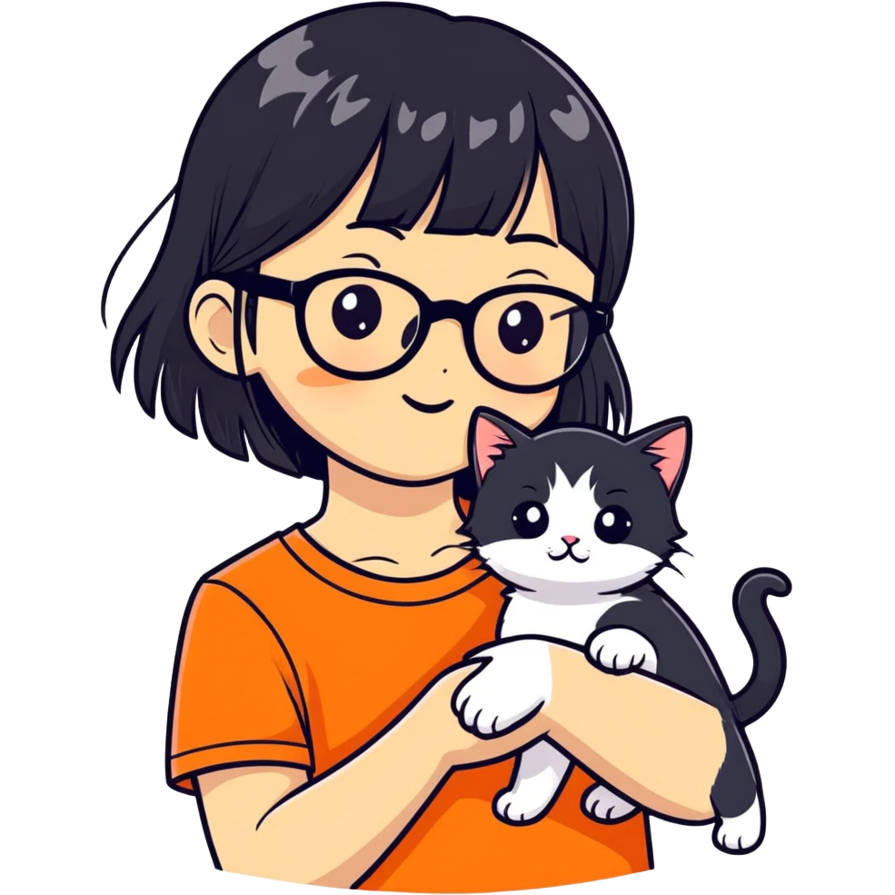 cute asian with middle height black hair and fringe and glasses holding a black-white and an orange kitten emoji