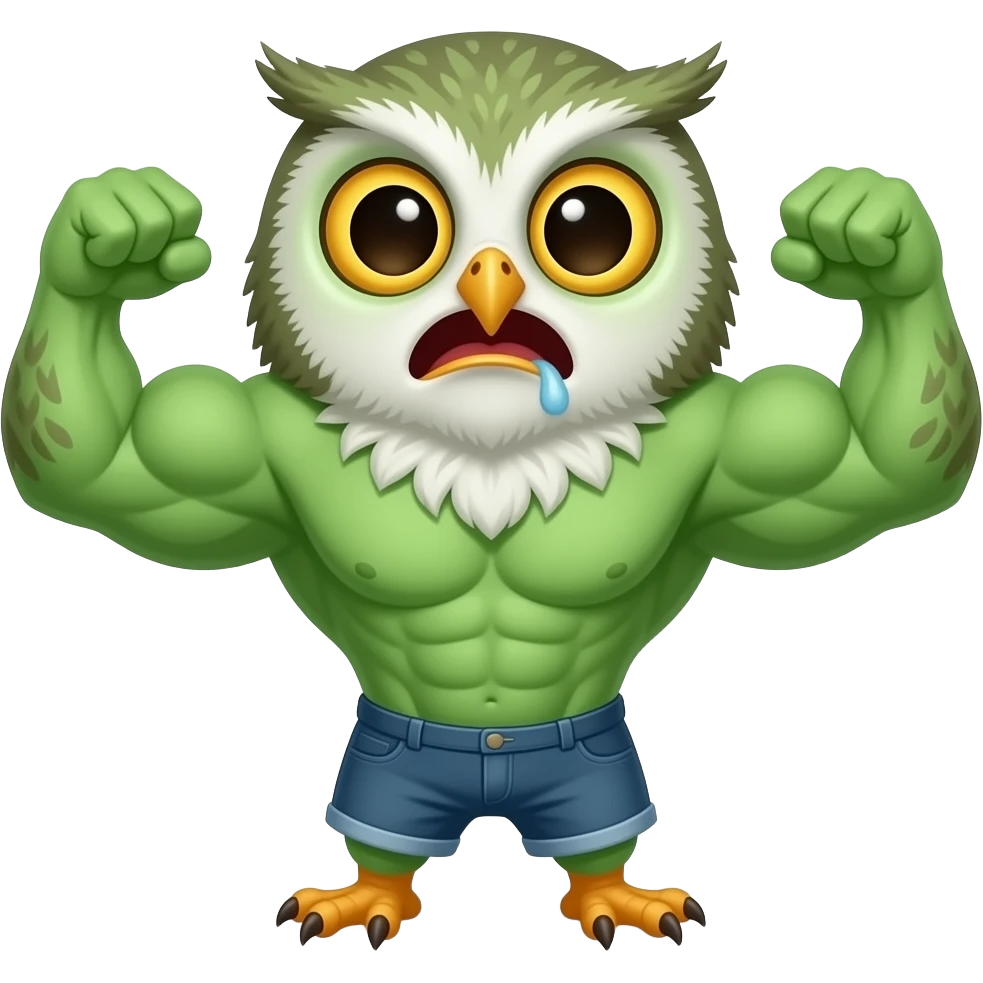 Cartoon cute tiny Baby owl Body building Green skin illness sickness spitting choking confused emoji
