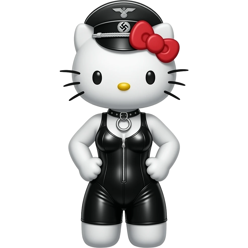 hello kitty representada de cuerpo entero como Dominatrix BDSM fetichista vestida de latex ajustado y O-ring harness, gorra militar estilo de las SS alemana, no simbologia nazi, emoji