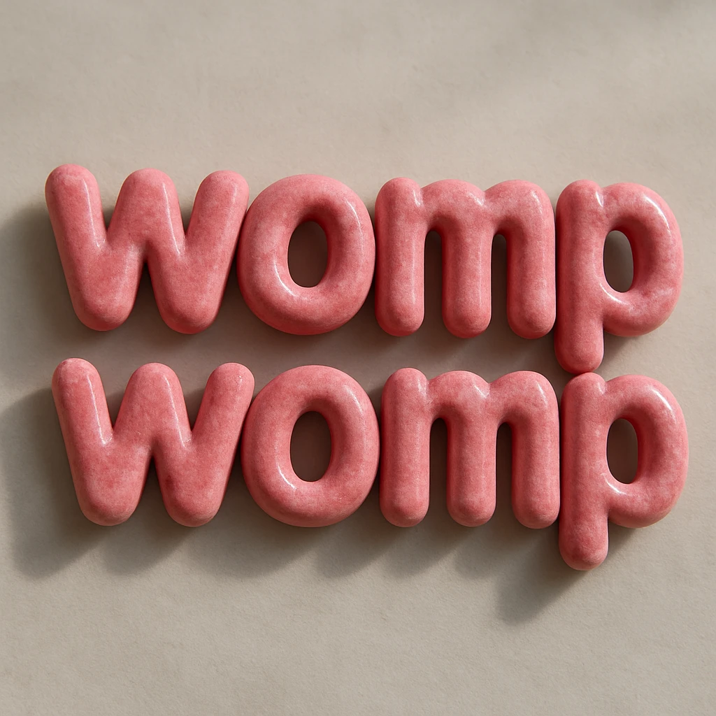 Change the 'womp womp' text to a realistic pink material in a photorealistic style with natural lighting and subtle shadows, no cartoon effects. emoji