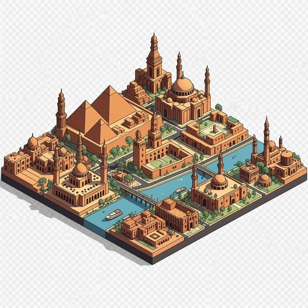 Isometric minimalistic illustration of Cairo, subtle 3D miniature effect and Tilt Shift effect, no cartoonish look, transparent background. emoji