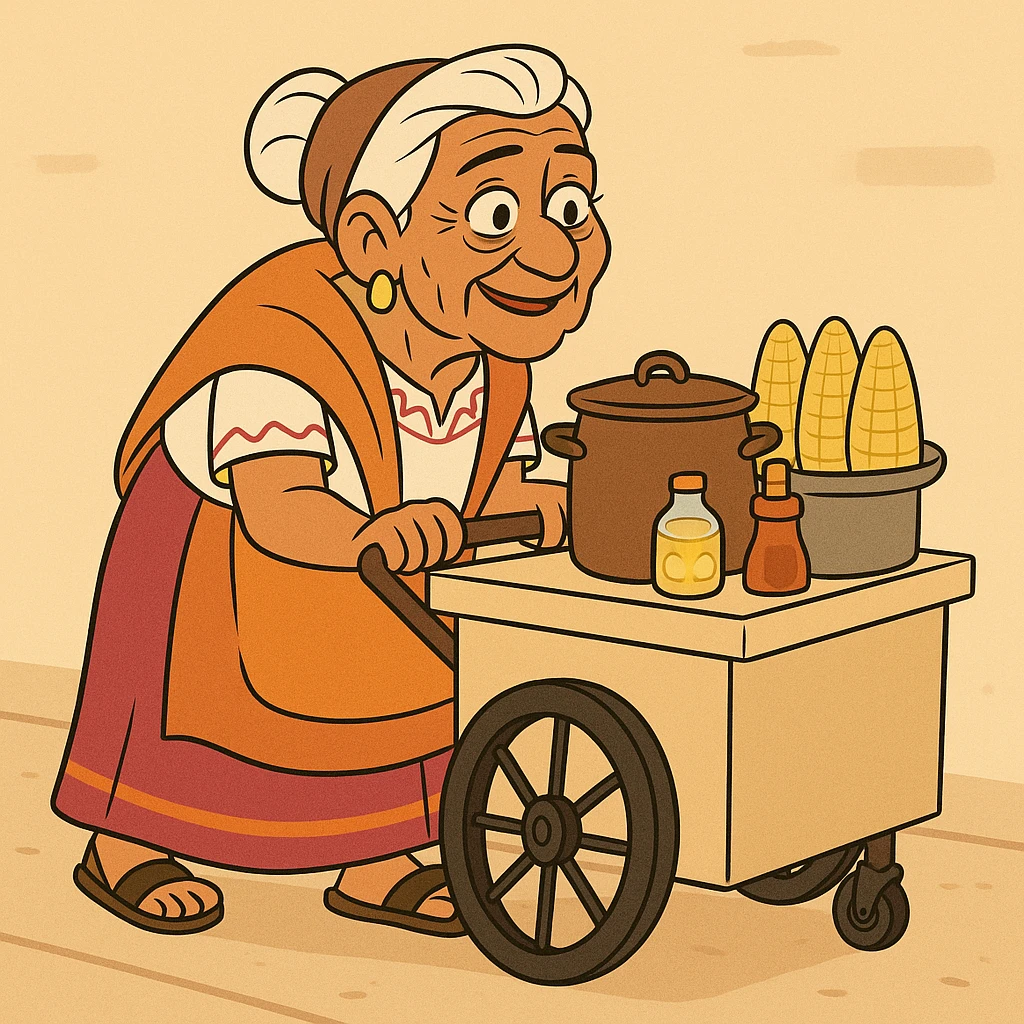 old Mexican lady pushing a food cart, warm and friendly, traditional dress, vibrant colors, street vendor, detailed, no text, flat toon cartoon style emoji