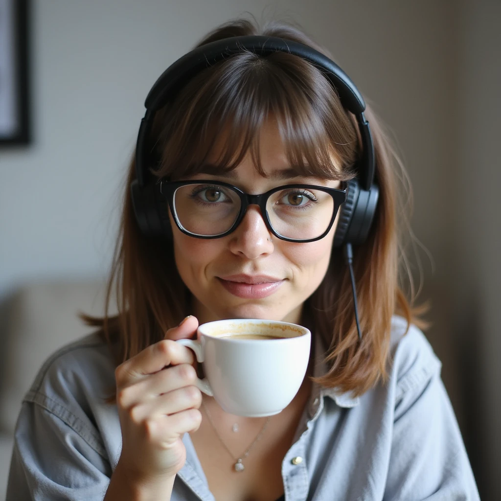 A girl with shoulder-length brown straight hair, wearing black-rimmed glasses, light skin, brown eyes, and black Marshall headphones, drinking a cappuccino. She is a social media manager, so include visual elements like a phone with social media apps or a laptop with analytics. emoji