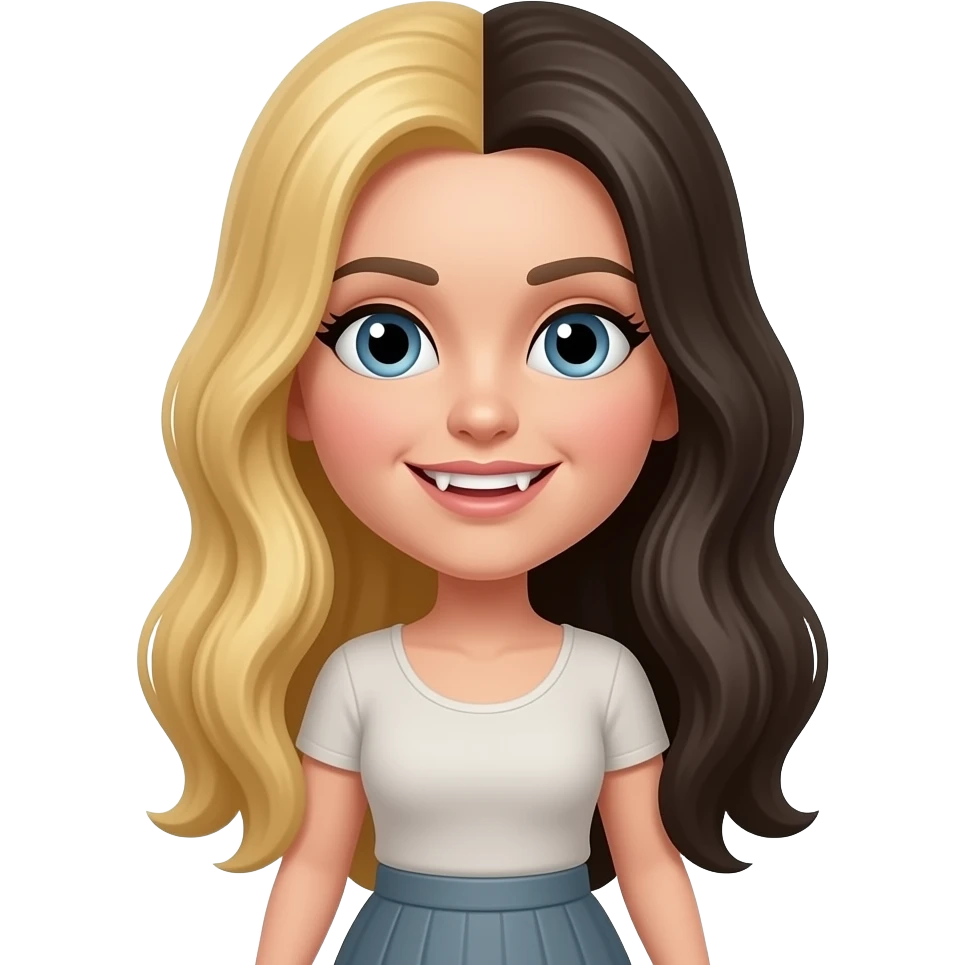 A girl with half blonde hair and half black hair split down the middle it’s a girl she has a tooth gap but it too big she is in a like top and skirt She is like an apple emoji and she is an adult emoji