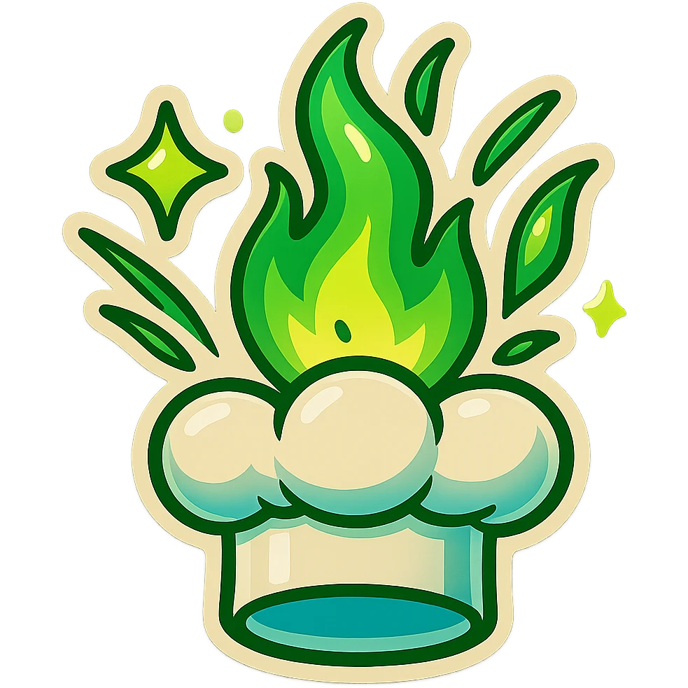 chef's hat explode with trails of fires, emoji, playful, magic flame green gradient, vibrant, flame matching style reference file emoji