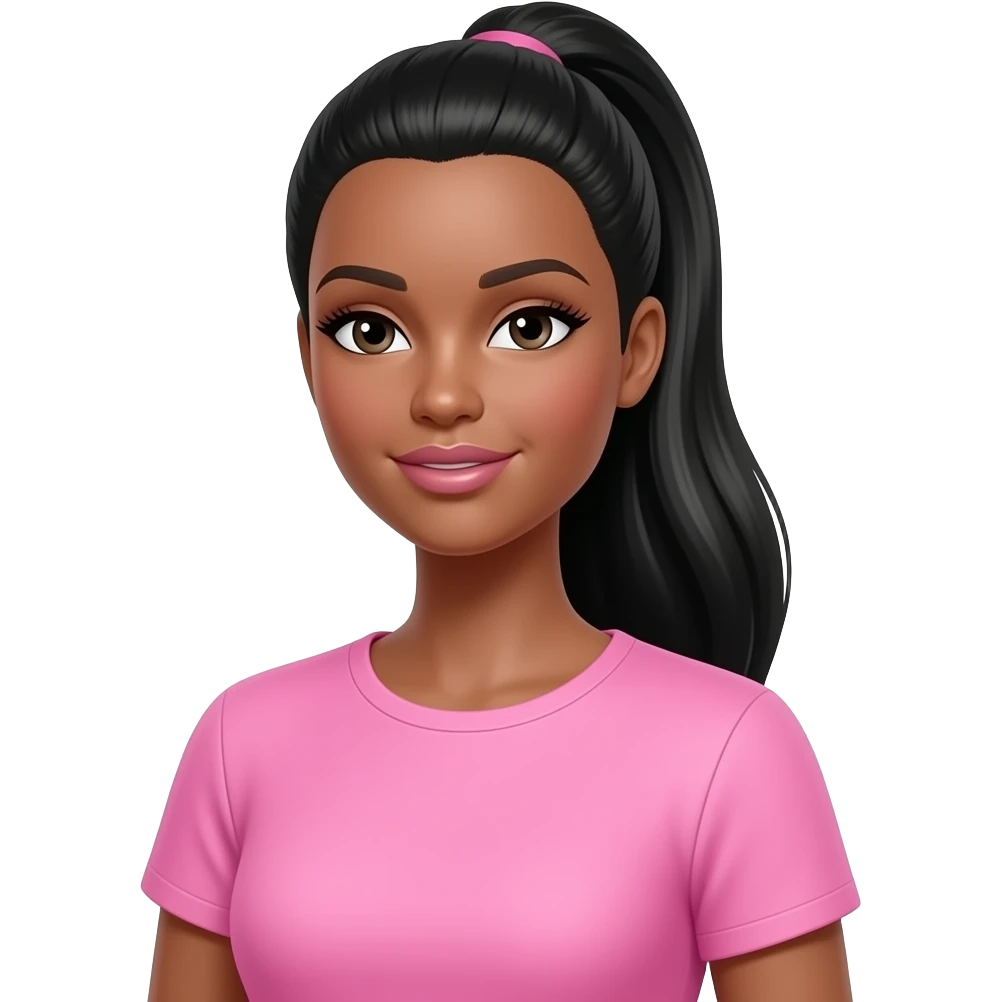 Black barbie from the chest up, front profile, give her a ponytail and a straight face like a model mug and a plain pink shirt emoji