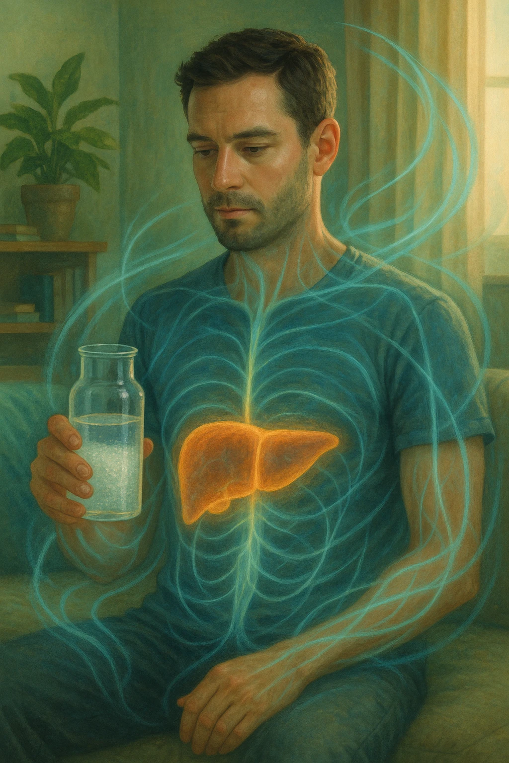 A man in a calm domestic environment, sitting with a transparent bottle or glass in hand containing an Epsom salt solution. He has a focused and aware expression. His body is partially transparent, with the liver highlighted brightly as if in a cleansing phase. Around the body, fluid energetic lines symbolize detoxification. The atmosphere is relaxed and natural, with warm light and green and blue tones representing health and purification. emoji