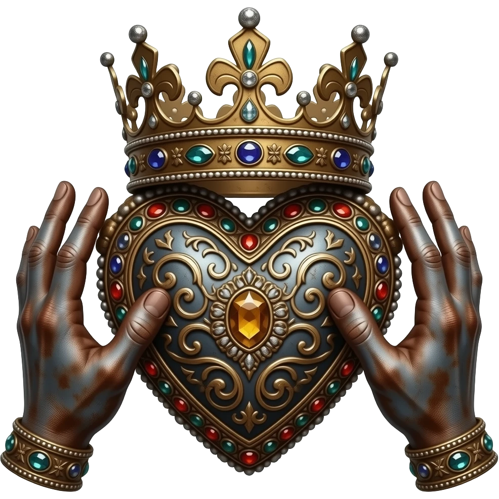 two rusty hands touch with their fingers a rusty heart richly ornamented with arabesques and studded with precious stones with a richly decorated royal crown, dramatic lighting - backlight emoji