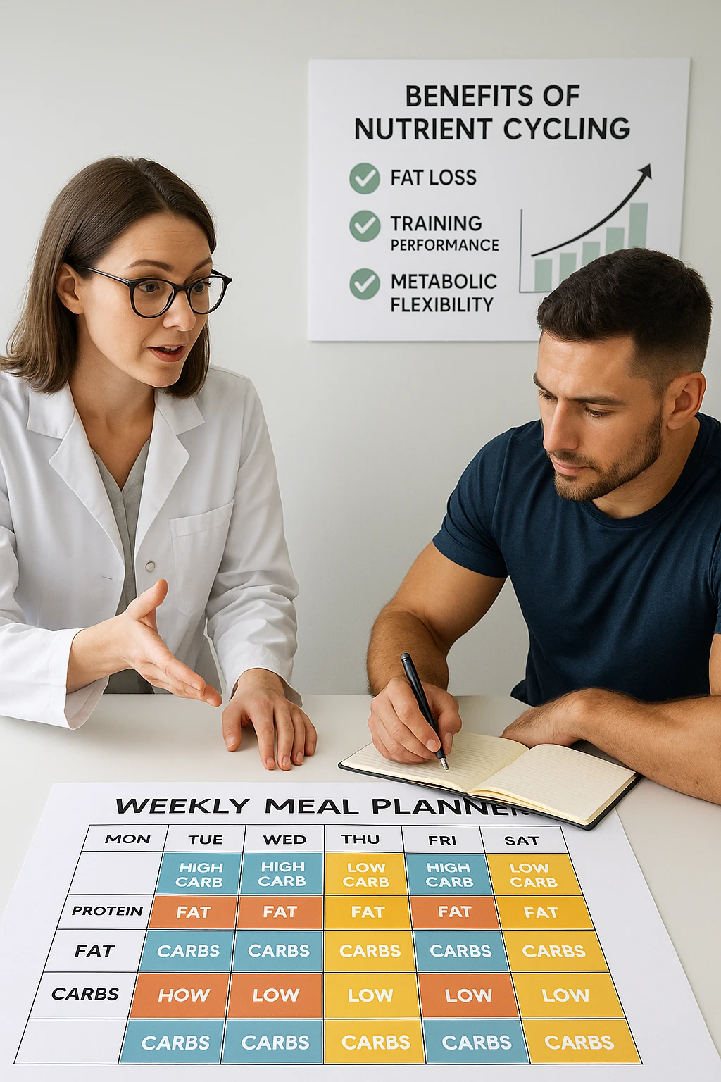 a nutritionist explains to an athlete how to cycle macronutrients for fat loss and training. On the desk, a weekly meal planner shows alternating high-carb and low-carb days, with color-coded sections for proteine, grassi, and carbo. The athlete takes notes, and a chart in the background illustrates the benefits of nutrient cycling. The mood is professional and educational. scritto in italiano emoji