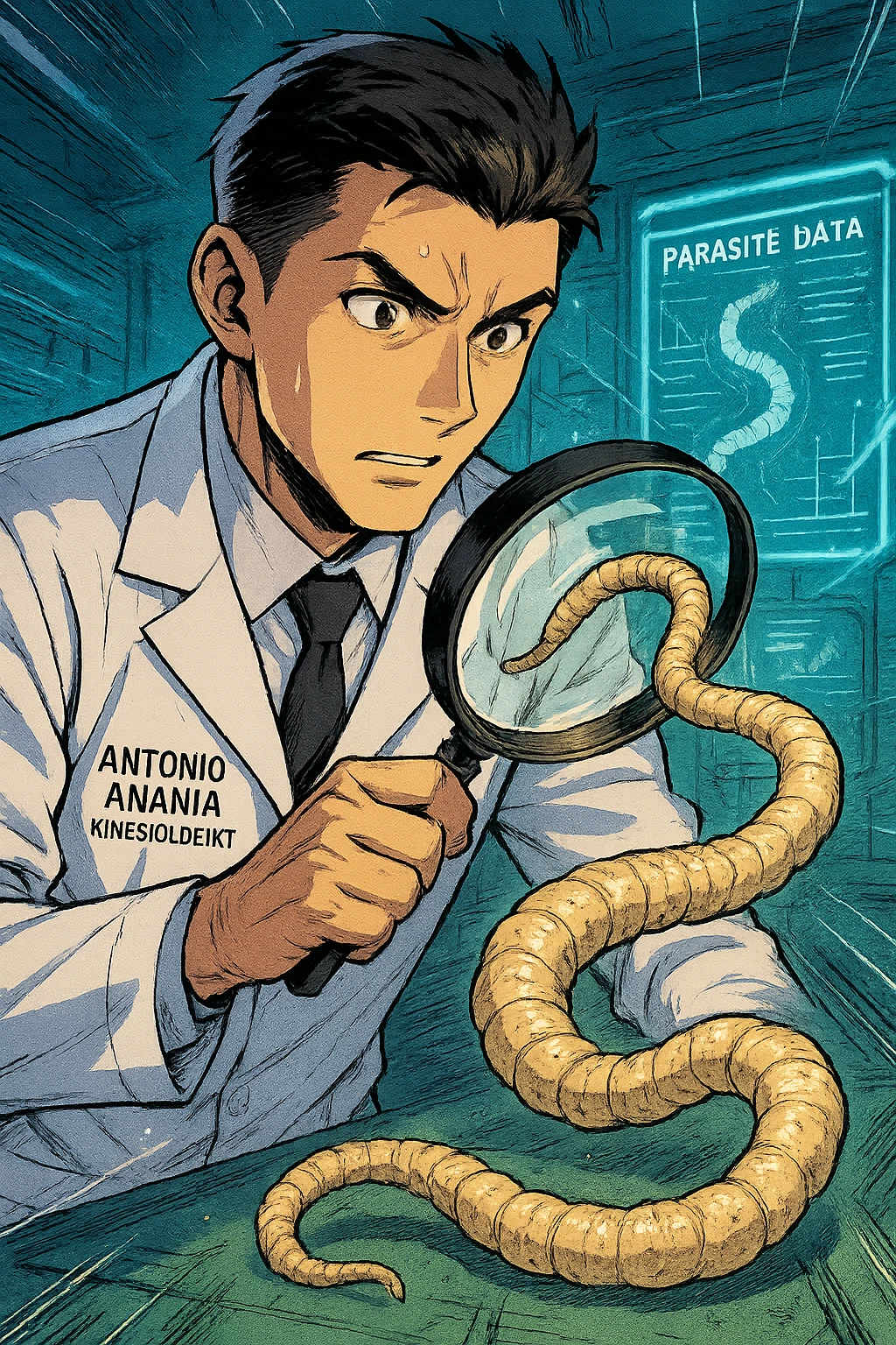 A dynamic manga/webtoon-style illustration of a young male kinesiologist wearing a clean white lab coat, analyzing light beige worms like a tapeworm under a magnifying glass. His expression is focused and slightly intrigued, with sharp, detailed eyes. The art style is vibrant, with bold linework, rich colors, and dramatic lighting. The background is a futuristic laboratory with glowing holographic screens displaying parasite data. The tapeworm is intricately drawn, slimy and segmented, with a slightly exaggerated yet realistic texture. The composition is dynamic, with motion lines or energy effects to emphasize his scientific investigation. The atmosphere is intense but not dark, keeping a balance between scientific seriousness and stylish manga aesthetics, he has "ANTONIO ANANIA" WRITTEN ON WHITE LAB COAT emoji
