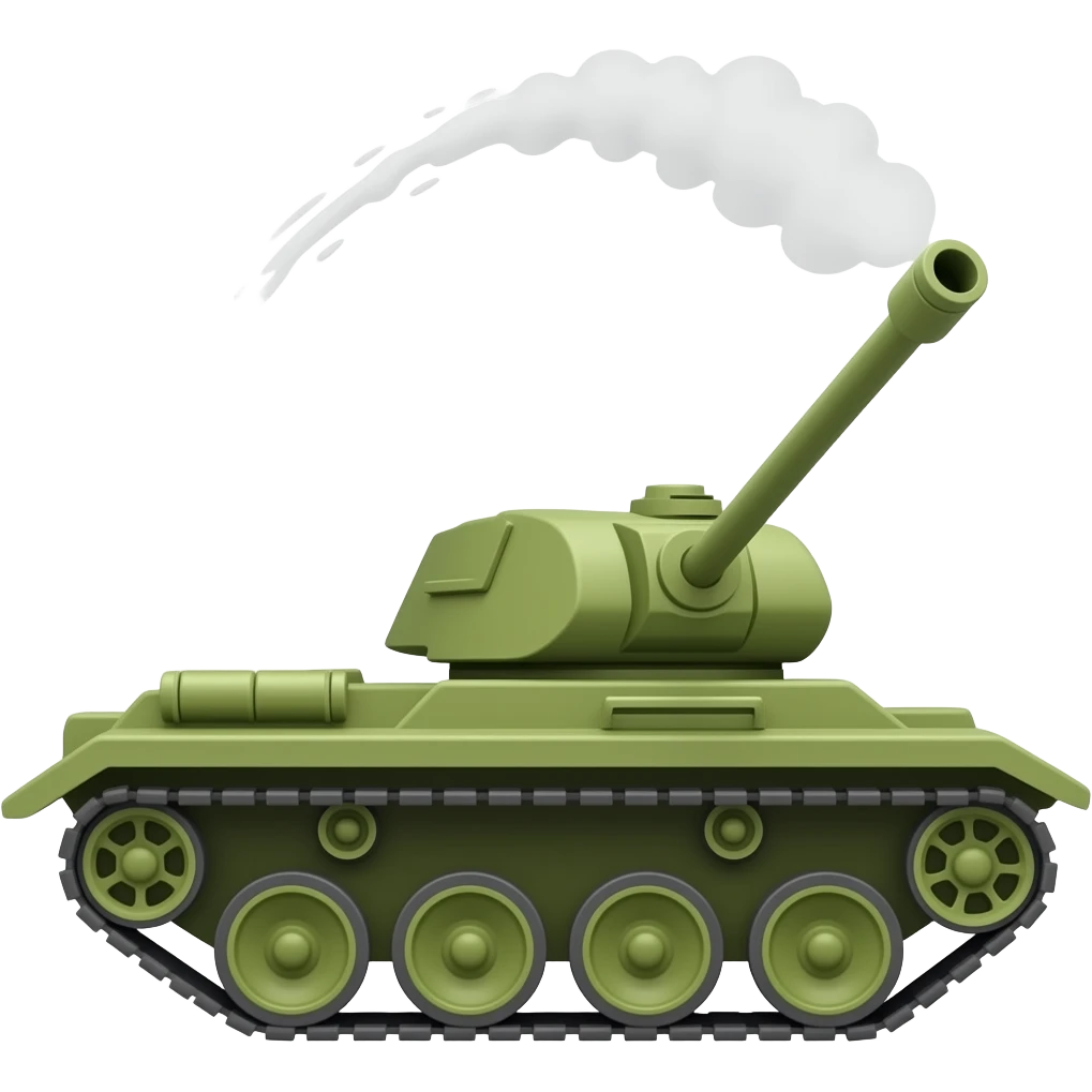 A tank that shoots white liquid from the main gun has low trajectory so the white liquid has an arc stream down emoji