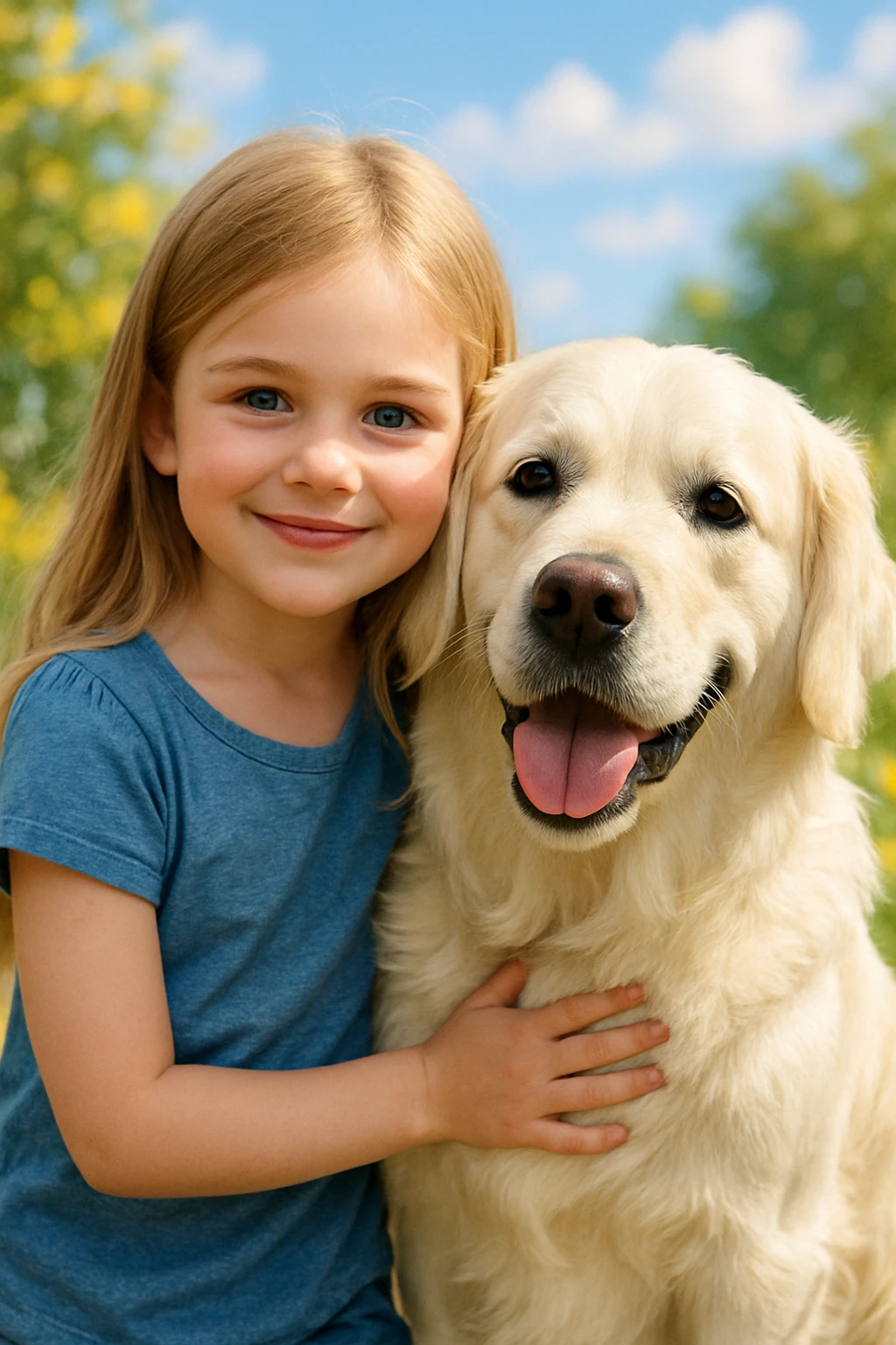 dirty blonde girl with long hair and dark blue eyes, standing with an English cream golden retriever, friendly and warm scene emoji