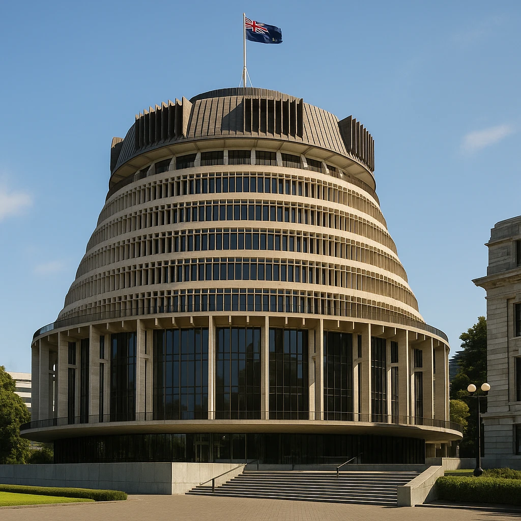 the Beehive Parliament building in Wellington, New Zealand, iconic cylindrical modernist architecture, recognizable silhouette, no text emoji