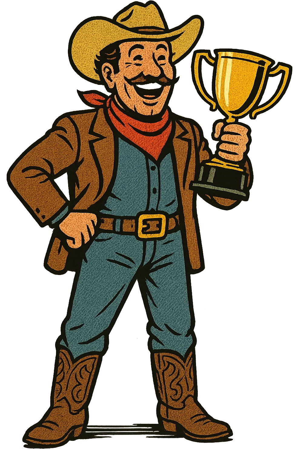 The full body of a very happy American West cowboy from the 1860s looking wealthy and holding a trophy emoji