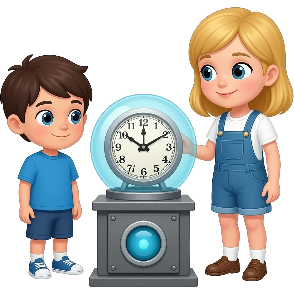 una maquina del tiempo rodeada por dos hermanos un chico i una chica los dos castanyo i la chica un poco rubia (la chica mas grande que el i con ropa blanca con tirantes) i el chico con ropa azul) los dos estan mirando la maquina emoji