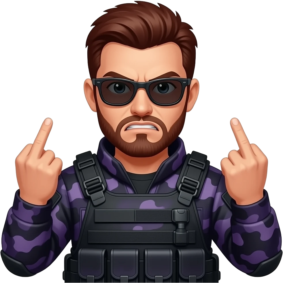 Angry Man with dark reddish brown hair a five o clock shadow beard sunglasses and dark purple camoflage tactical gear giving the finger two times emoji